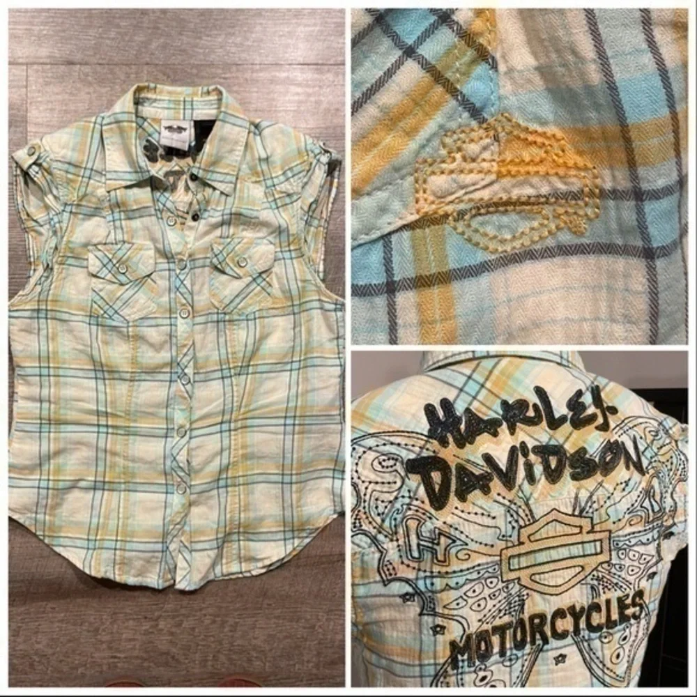 Harley Davidson capped sleeve white/blue/orange plaid embroidered logo top XS - Picture 2 of 13